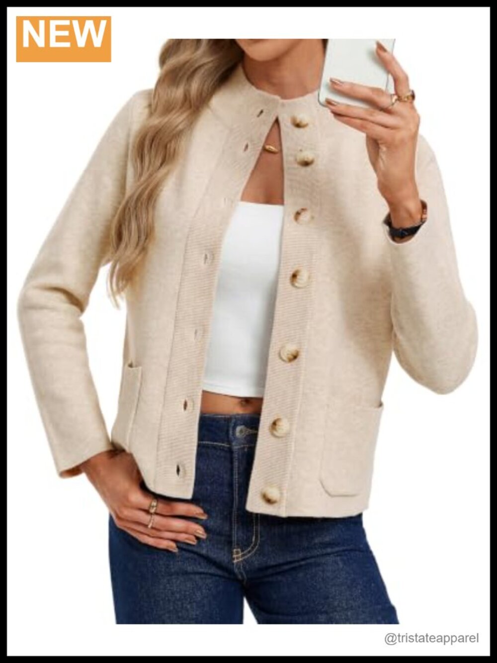 Chunky Knit Cardigan Sweater Mock Neck Long Sleeve Button Down